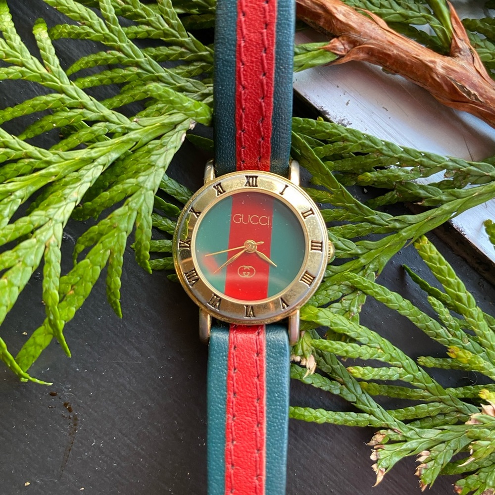Vintage Gold Watch with Red and Green Strap